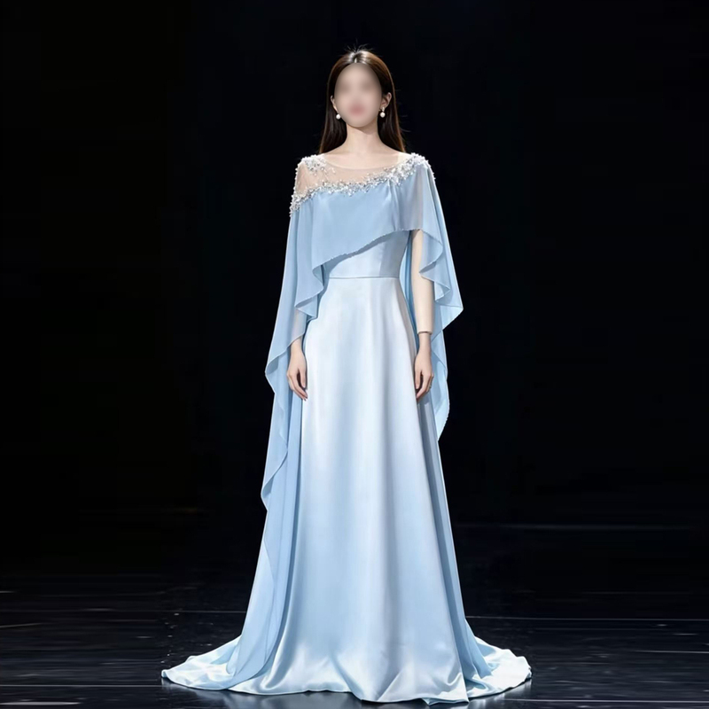 Blue Evening Dress for Host, Light Luxury High-End Style, Chorus Outfit, New Chinese Style Folk Song Solo Performance Costume, Guzheng Performance Outfit