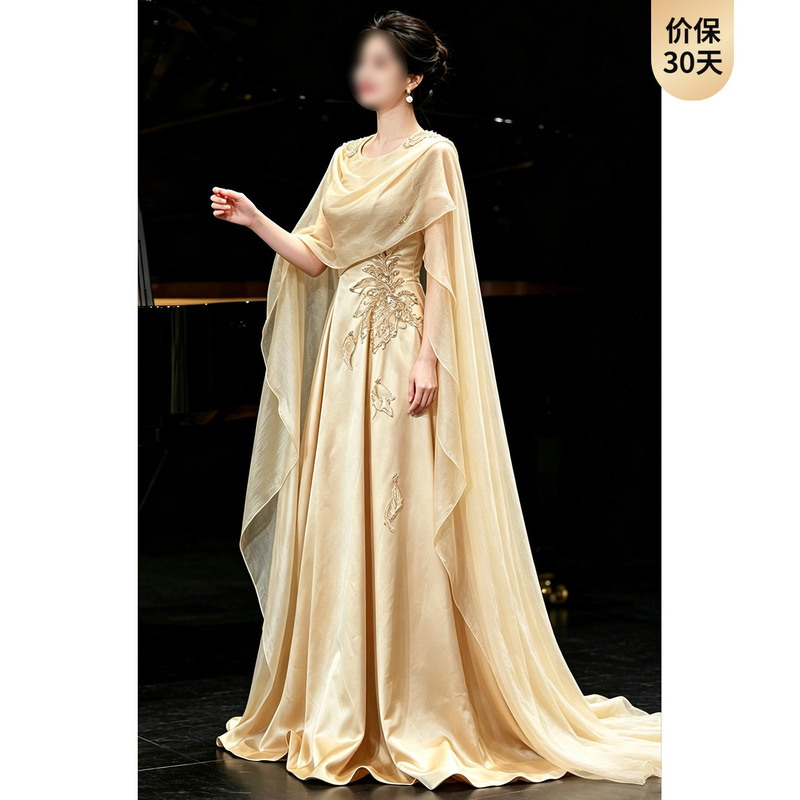 High-End Performance Attire for Guzheng, Annual Meeting Host Evening Dress, New Chinese Style Ethnic Vocal Solo Performance Dress