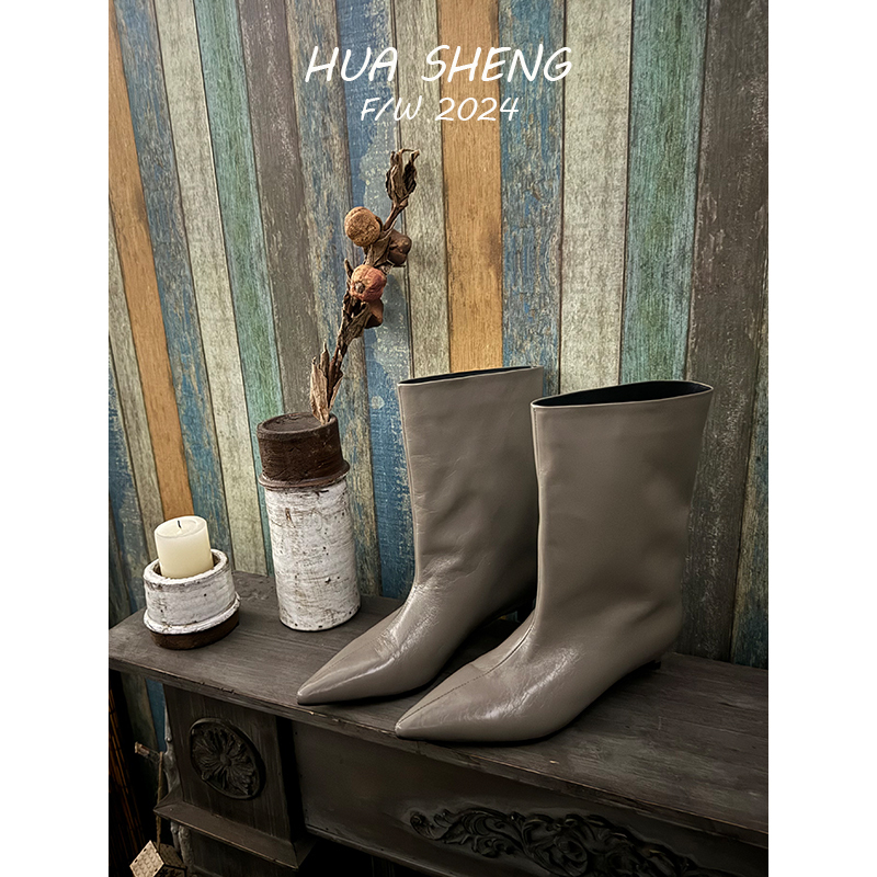 【Huasheng】The Girl with the Aura of a True Beauty ● Old Money Style Kitten Heel Pointed Toe High Shaft Short Boots Low Heel Mid-Calf Boots for Women