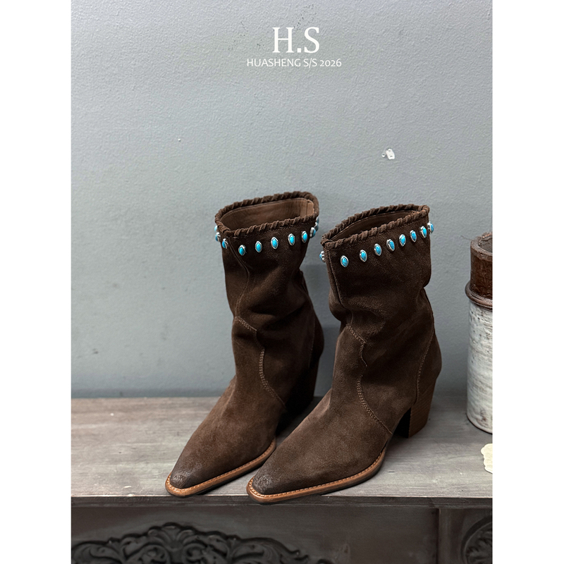 【Huasheng Handmade Original】Nomadic Style Cat's Eye Stone Pointed Toe Chunky Heel Wide Calf Western Cowboy Boots High Heel Ankle Boots for Women