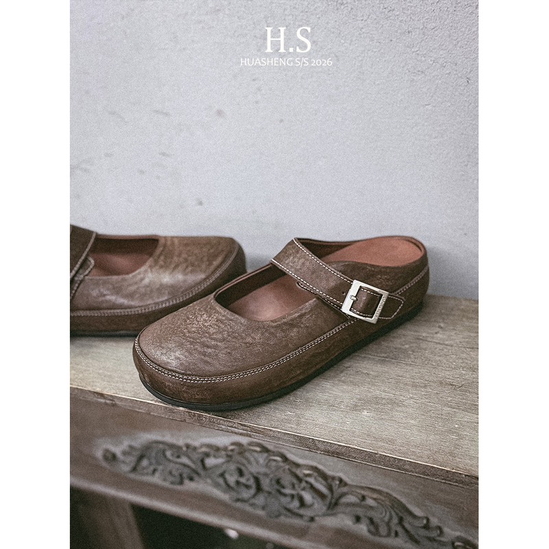 【Huasheng Handmade Original】High-Quality Horse Leather Summer Outdoor Slip-On Clogs with Buckle and Thick Sole