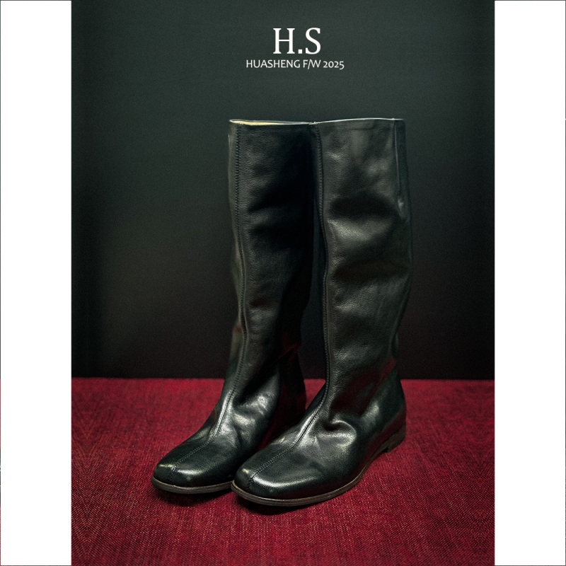【Huasheng Handmade Original】Baby Cowhide Minimalist Lazy Square-Toe Black High-Top Riding Boots Wide-Calf Long Boots