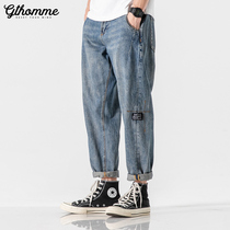 2021 autumn new mens jeans loose straight Korean trend Joker casual Tide brand light ankle-length pants