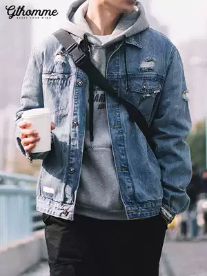 Spring and Autumn new denim jacket men's Korean version of the trend loose jacket youth hole denim fashion men's denim coat