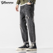 Autumn New broken hole jeans mens loose straight Korean trend casual Joker long pants men