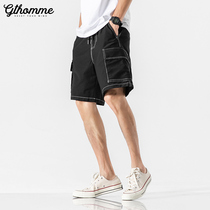 Summer new mens casual shorts loose trend middle pants straight thin Joker tooling five-point pants Black