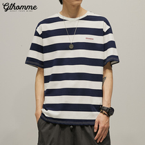 2021 summer new mens T-shirt loose Tide brand round neck ins Korean trend stripes wild half sleeve short sleeve