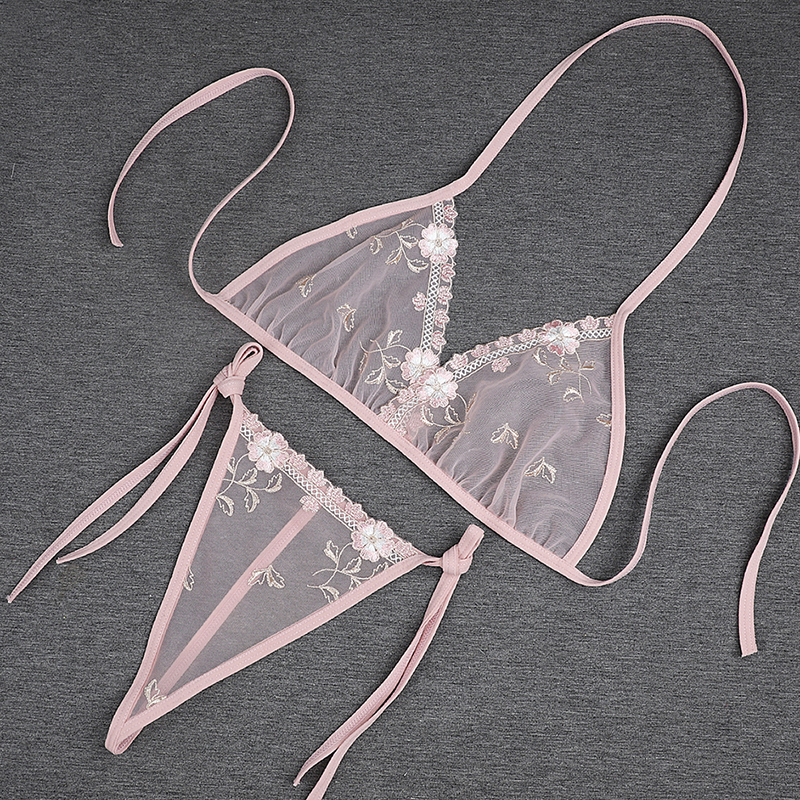 European and American Embroidered Floral Lingerie, Feminine Transparent Ultra-Thin Strappy Halter Bikini Pure Desire Bra Set