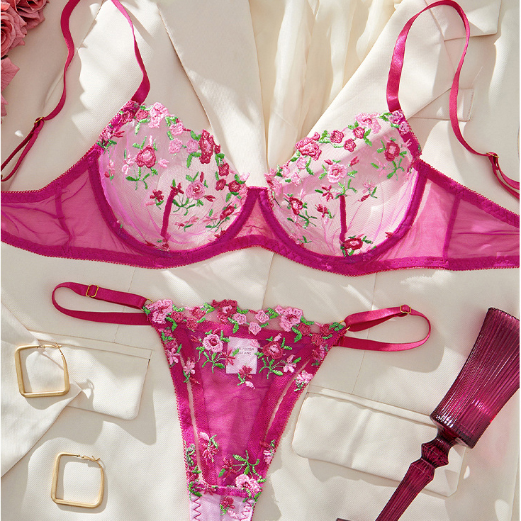 Foreign Trade Sexy Lingerie for Women, Pure Desire Style Embroidered Bra and Thong Set, Underwire Push-Up Ultra-Thin Cup Plus Size Sleepwear