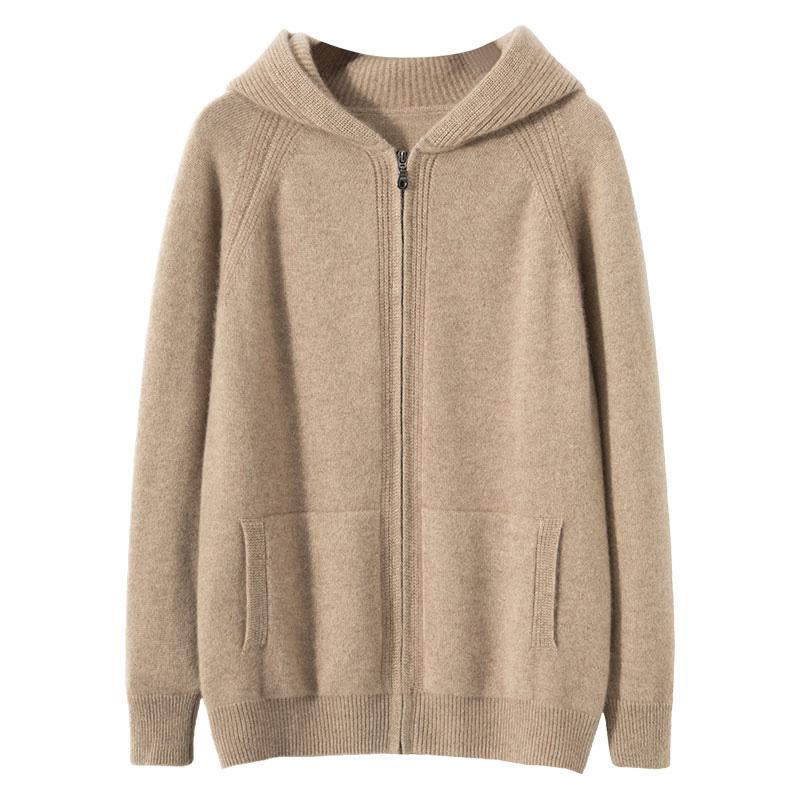 Zipper Hoodie for Men, 100% Pure Cashmere Sweater, Autumn and Winter Knitwear, Thickened Sweater, Hooded Jacket with Pockets, Cardigan