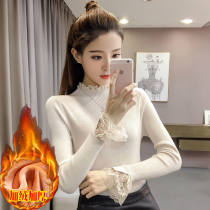 Semi-high neckline sweatshirt female autumn winter new lace long sleeve blouses Korean version warm beating bottom plus suede thickened sweater