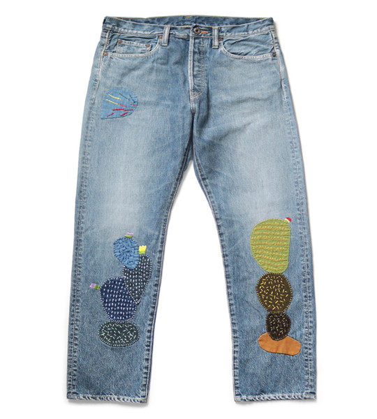 One tree KAPITAL flat field and macro embroidery splicing cloth cactus pattern casual jeans 22SS
