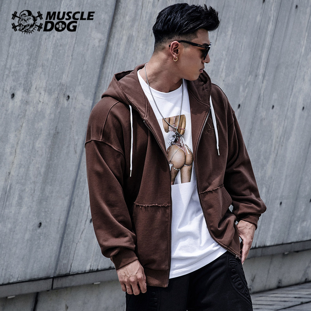 Muscle dog hooded jacket men's trendy brand autumn and winter solid color all-match zipper cardigan sweater loose sports casual jacket