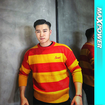 MAXPOWER Original Basic Joker Tide Orange Striped Splice Color Warm Comfort Round Neck Pullover