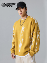 Muscle Dog Tide Brand Autumn and Winter New Loose Round Neck Knitted Sweater Pullover Contrast Color Casual Versatile Sweater Men