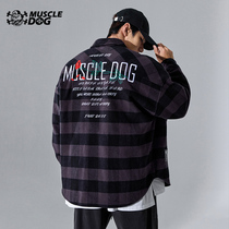 Muscle dog trend American sports leisure plaid embroidered cotton jacket loose lapel thickened shirt jacket men