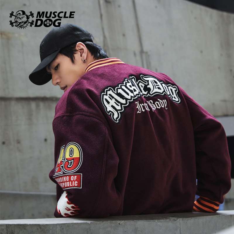 Muscle Dog Guo Tide Retro Towel emblem of baseball clothes male winter tide PU fur jacket coat