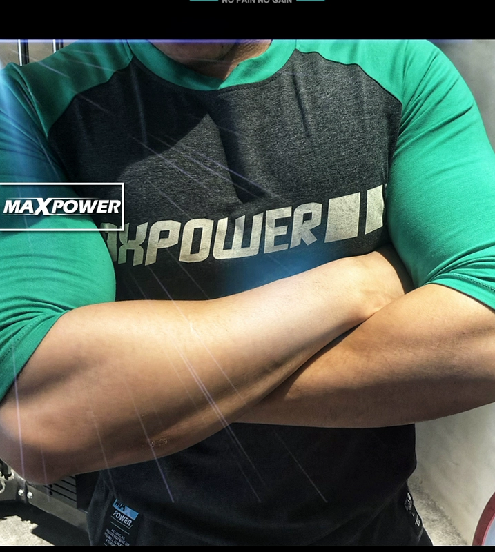 MAXPOWER gốc khâu màu đàn hồi thể thao raglan đào tạo năm điểm tay áo ngắn tay áo thun thể dục nam - Áo phông thể thao