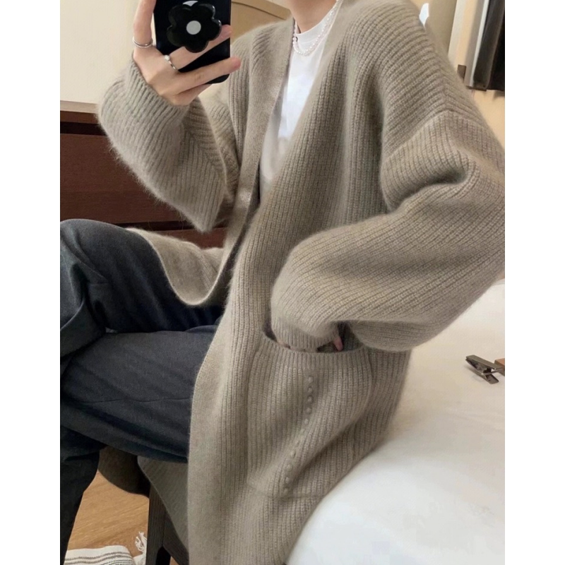 Trendy Mid-Length 100% Pure Wool Knitted Cardigan Coat for Women, Lazy Style Loose Sweater Wool Jacket Trendy Mid-Length 100% Pure Wool Knitted Cardigan Coat for Women, Lazy Style Loose Sweater Wool Jacket