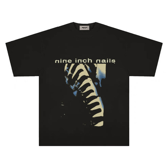 nineinchnails 아메리칸 레트로 추상 프린트 남성 및 여성 틈새 패션 브랜드 하이 스트리트 루즈 반팔 티셔츠