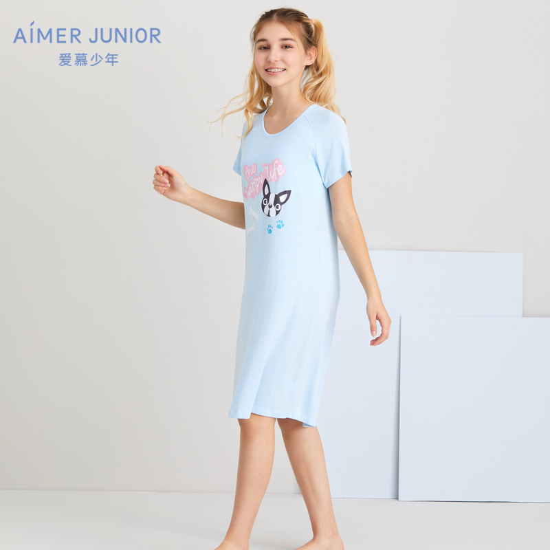 Aimer Junior loves young bulldog girl short sleeve nightgown AJ1444902