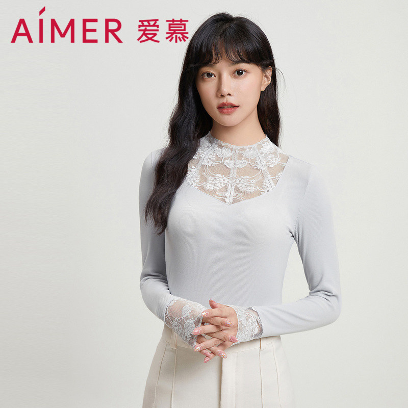 AIMER Fever Coat Female small high lead lace long sleeve bottom blouse AM726632
