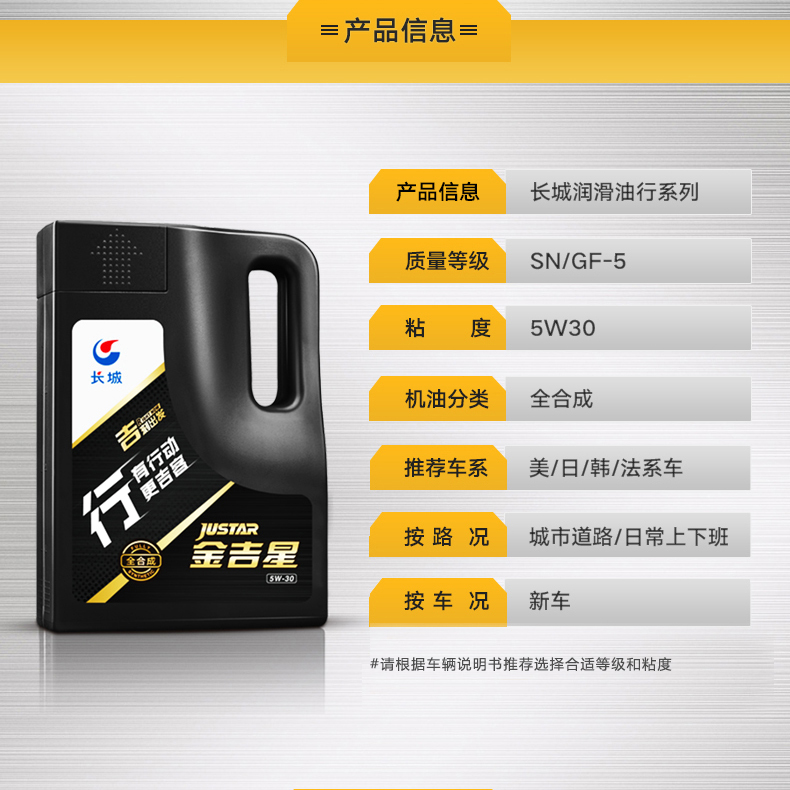 长城金吉星 SN 5W-30 全合成汽车机油 5L 图2