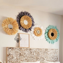 ins Moroccan handmade raffi grass feather mirror flowers folk bedroom living room dining room dining room round wall decor