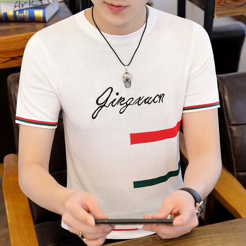 Мужская шелковая тонкая дышащая трикотажная трендовая летняя футболка, короткий рукав, в корейском стиле