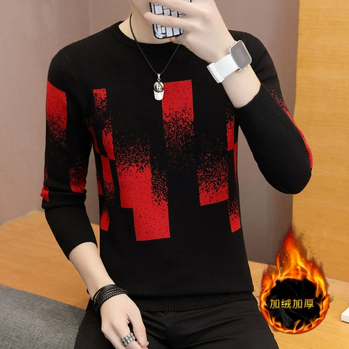 Мужской утепленный демисезонный трендовый трикотажный свитер для отдыха, круглый воротник, коллекция 2021, в корейском стиле
