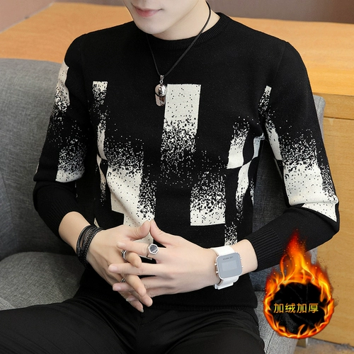 Мужской утепленный демисезонный трендовый трикотажный свитер для отдыха, круглый воротник, коллекция 2021, в корейском стиле