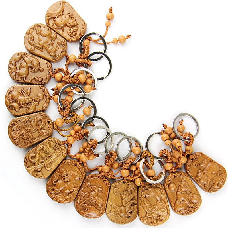 Peach wood Zodiac Keychain Necklace Pendant Pendant Genus Rat Cow Tiger Rabbit Dragon Snake Horse Sheep Monkey Chicken Dog Pig