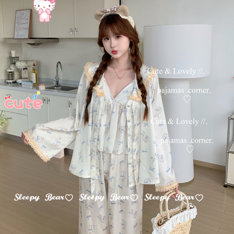 「Sea Salt Bunny」Spring and Summer New Pajamas Pure Desire Lace Trim Ice Silk Doll Collar Homewear Four-Piece Set