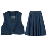 Ретро джинсовый жилет, юбка, комплект, А-силуэт, большой размер