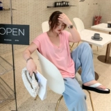 Однотонная футболка для отдыха, делается под заказ, в корейском стиле, большой размер, свободный крой, V-образный вырез