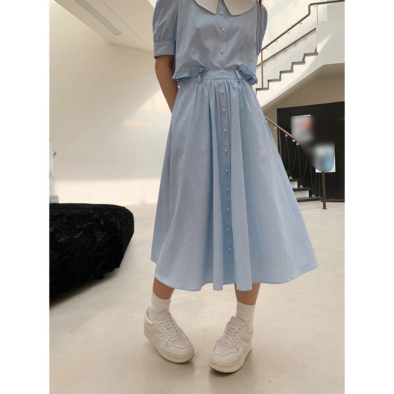 Jinggujia slightly fat mm doll collar shirt mid-length skirt women's summer large size loose suit