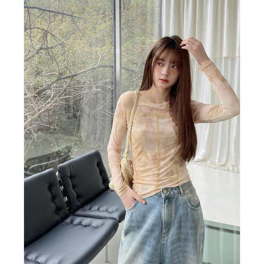 Jinggujia slightly fat mm mesh halo-dye pattern topstitch T-shirt women's spring large size temperament top