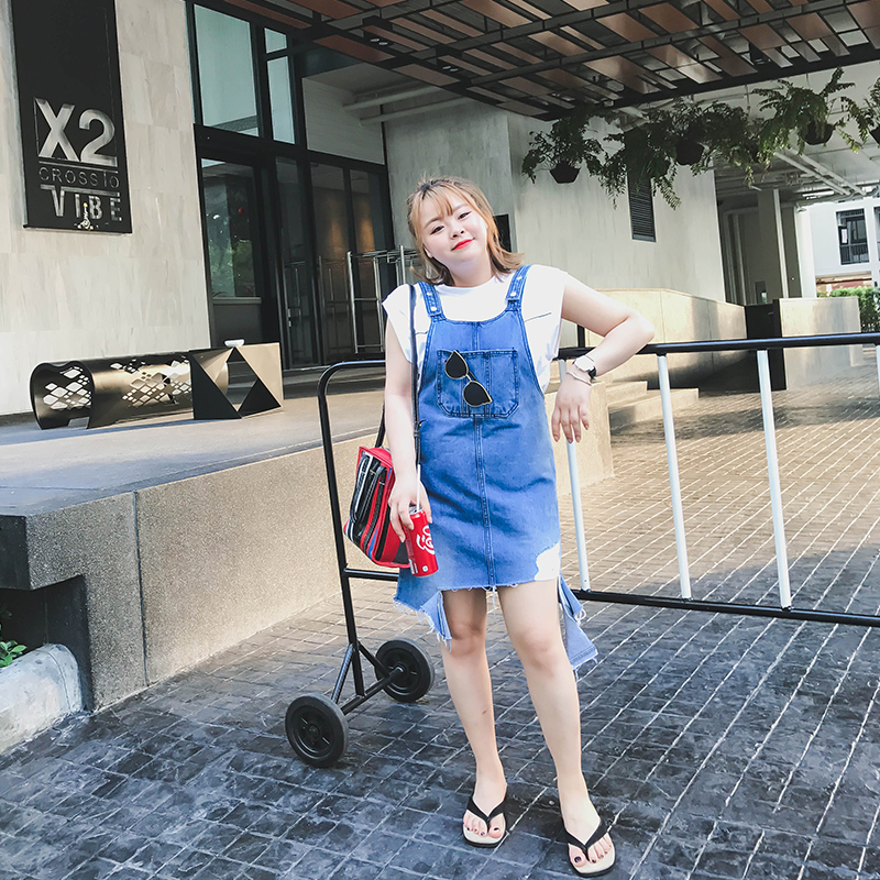 晶咕定制减龄牛仔背带裙韩版不规则宽松a字连衣裙夏胖MM裙子女装