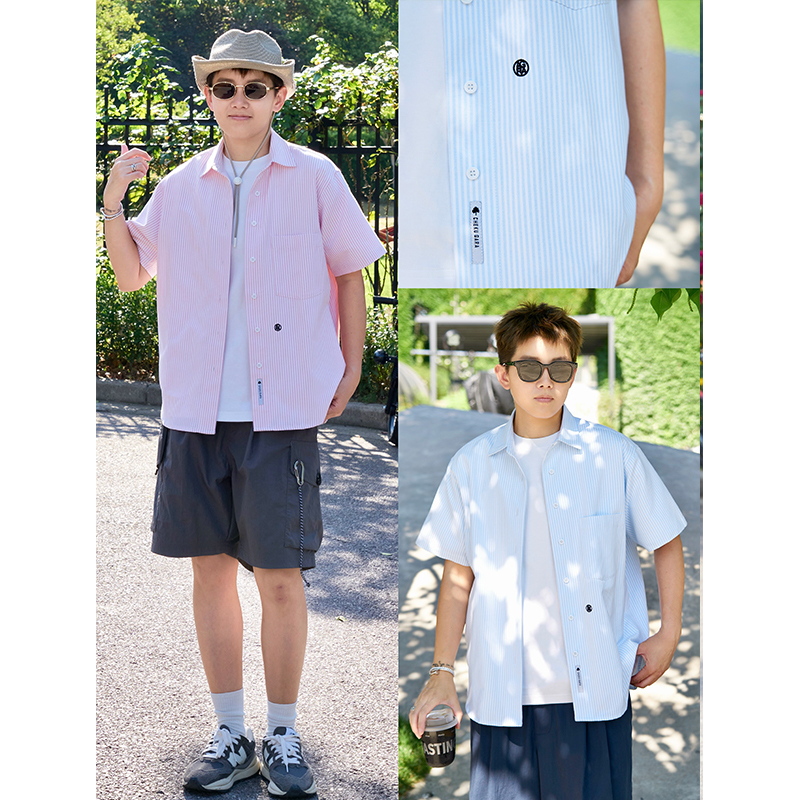 Cookawu Pink and Blue Oxford Striped Short-Sleeve Shirt for Basic Commuting