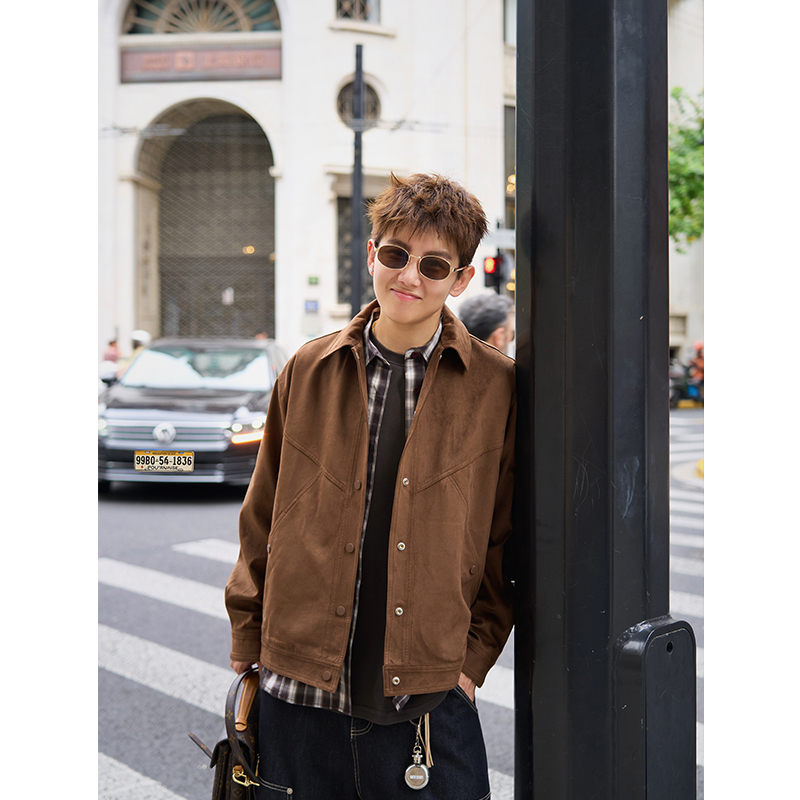 Cookawu Maillard Brown Retro Suede Jacket Unisex Short Motorcycle Lapel Leather Coat Cookawu Maillard Brown Retro Suede Jacket Unisex Short Motorcycle Lapel Leather Coat