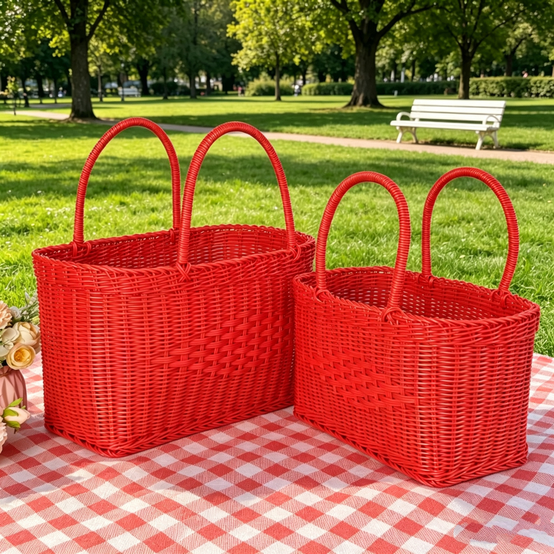 Chinese Red Festive Hand-Held Basket for Wedding Gifts, Picnic Shopping Basket, Large Capacity Picking and Grocery Basket, Imitation Rattan Weaving