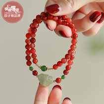 Phoenix Nirvana South Red Agate and Tian Jade hand string female ethnic style red bracelet Chinese style antique retro multi-circle