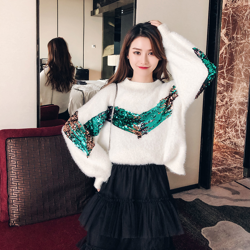 2018 thu đông mới làm việc nặng nề sequin nhung nước trùm đầu lỏng tay áo len tay áo len cổ tròn quan ao nu