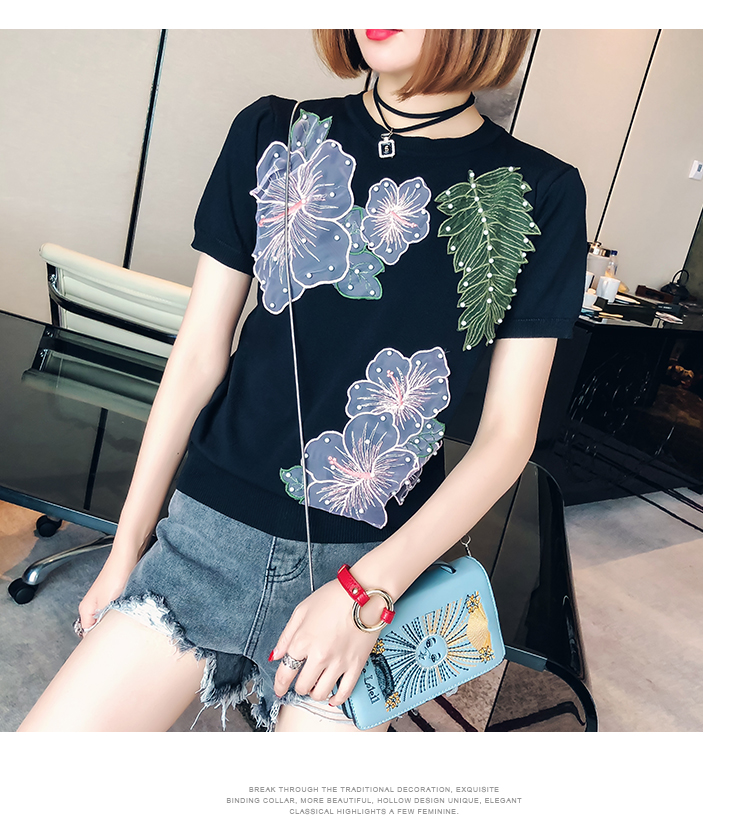 Mùa hè 2018 mới của phụ nữ vòng cổ đa năng smock handmade ren hoa đính cườm áo thun nữ áo gile len