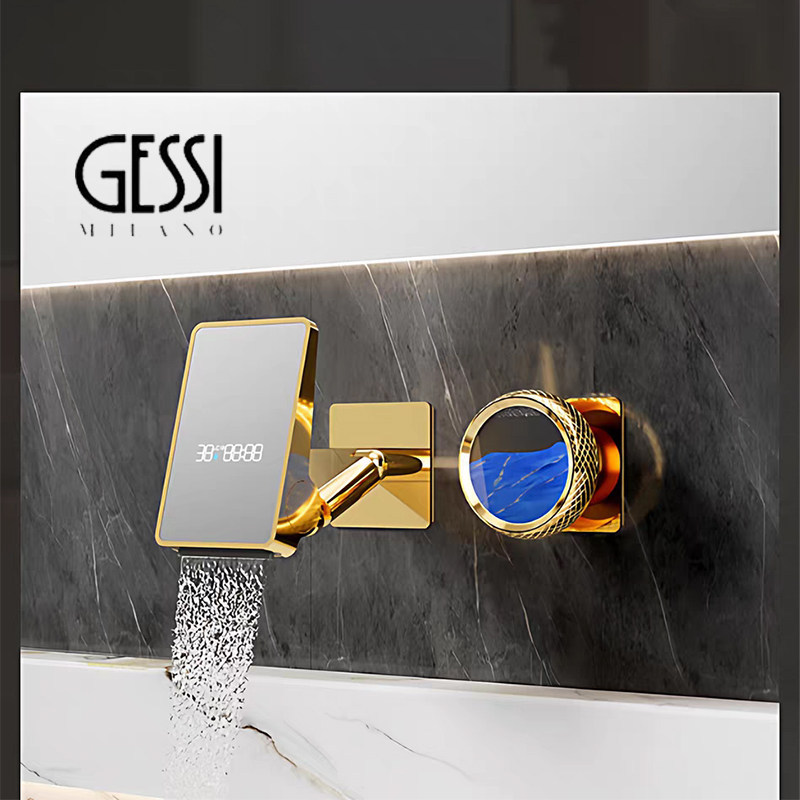 Italian Gessi Concealed Basin Faucet with Hot and Cold Water, Foldable, Digital Display, Wall-Mounted, All-Copper, Gold Faucet