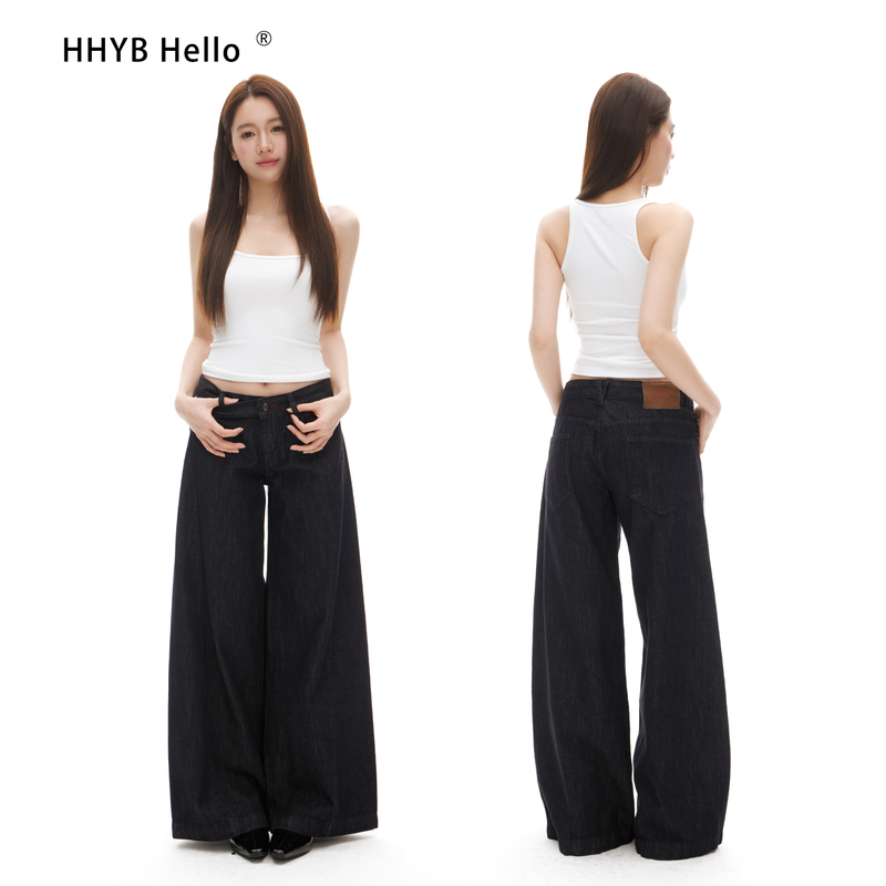 Hhyb I Hope You Are Well. Low-Waisted Wide-Leg Pants for Women, Loose A-Line Washed Natural Color Denim Long Pants Q254337