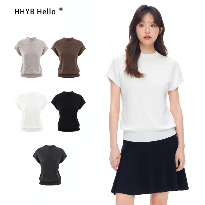 Hhyb I Hope You Are Well 2026 Korean Style Simple Half-High Collar Short-Sleeved Knit Top for Women Spring and Summer New Slim Fit M2097