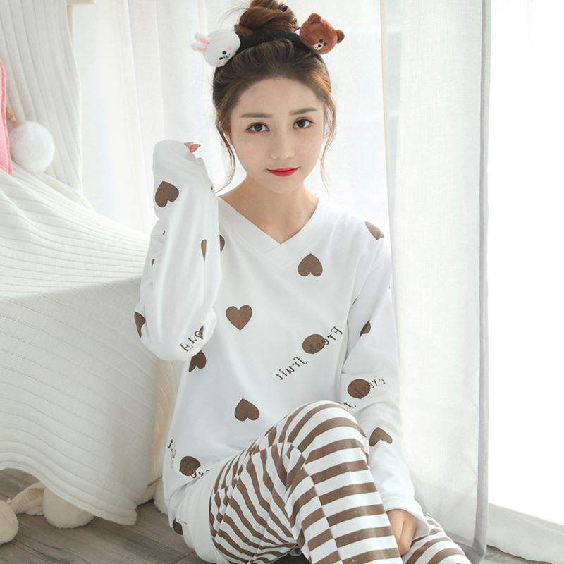 Bộ đồ ngủ nữ mùa xuân và mùa thu tay dài Cotton ngọt ngào dễ thương Hàn Quốc Bộ đồ đội đầu - Bộ Pajama