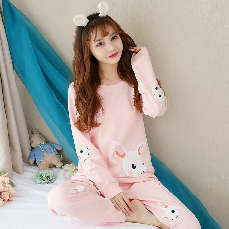 Bộ đồ ngủ nữ mùa xuân và mùa thu tay dài Cotton ngọt ngào dễ thương Hàn Quốc Bộ đồ đội đầu - Bộ Pajama bộ đồ ngủ 2 dây