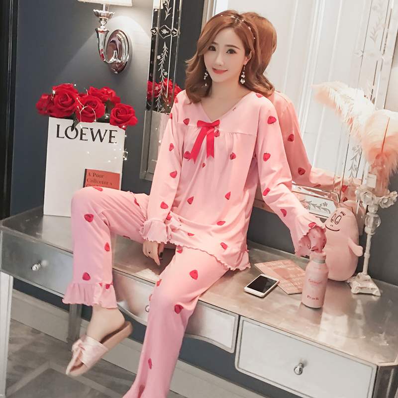 Bộ đồ ngủ nữ mùa xuân và mùa thu tay dài Cotton ngọt ngào dễ thương Hàn Quốc Bộ đồ đội đầu - Bộ Pajama bộ đồ ngủ 2 dây